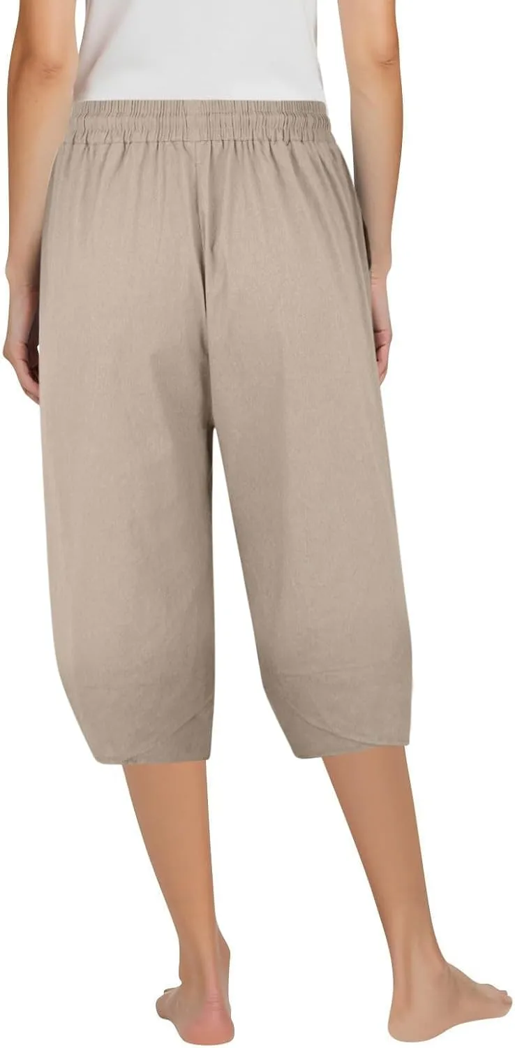 Linen Capri Pants for Women Casual High Waist Tapered Leg Lounge Pants Elastic Waist Baggy Crop Trousers Beach Outfit