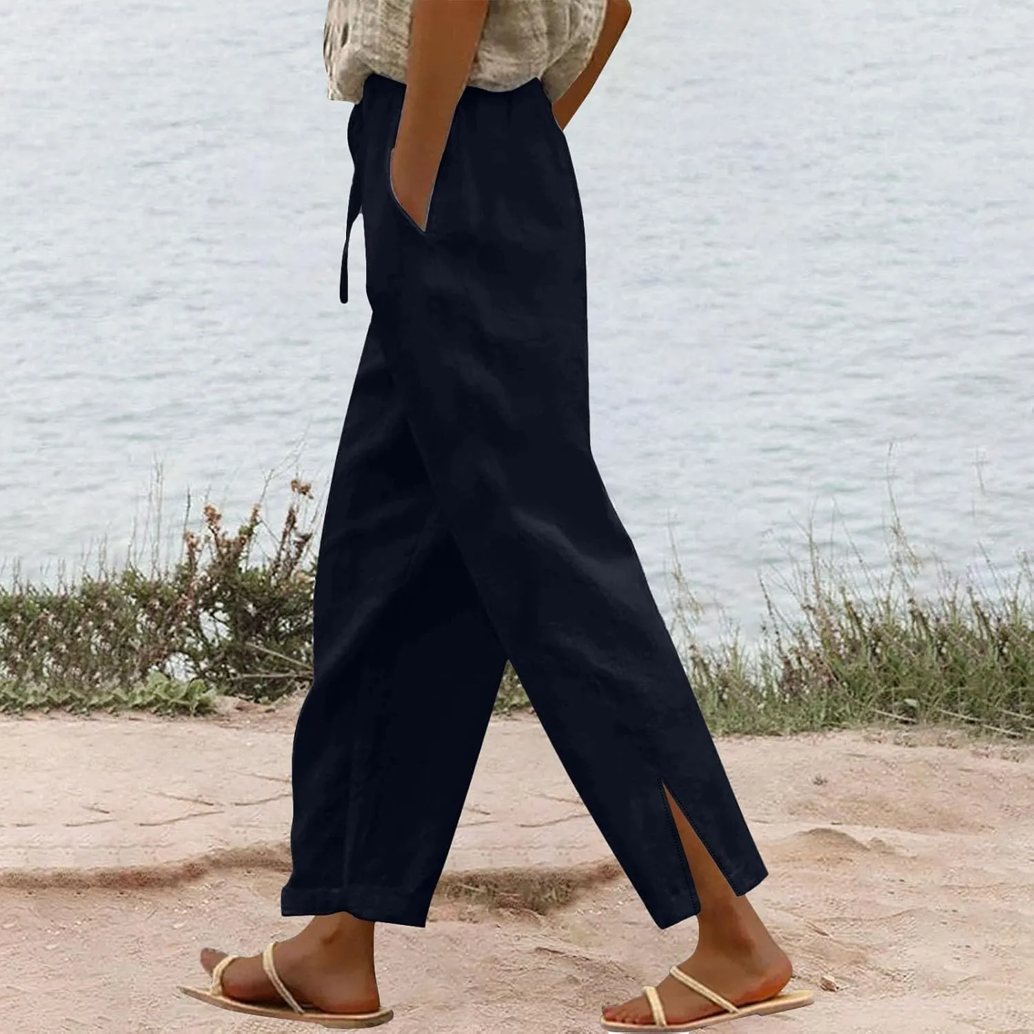 Linen Pants for Women 2025 Summer Casual Loose Flowy Beach Pants,Elastic High Waist Straight Leg Pant with Pockets