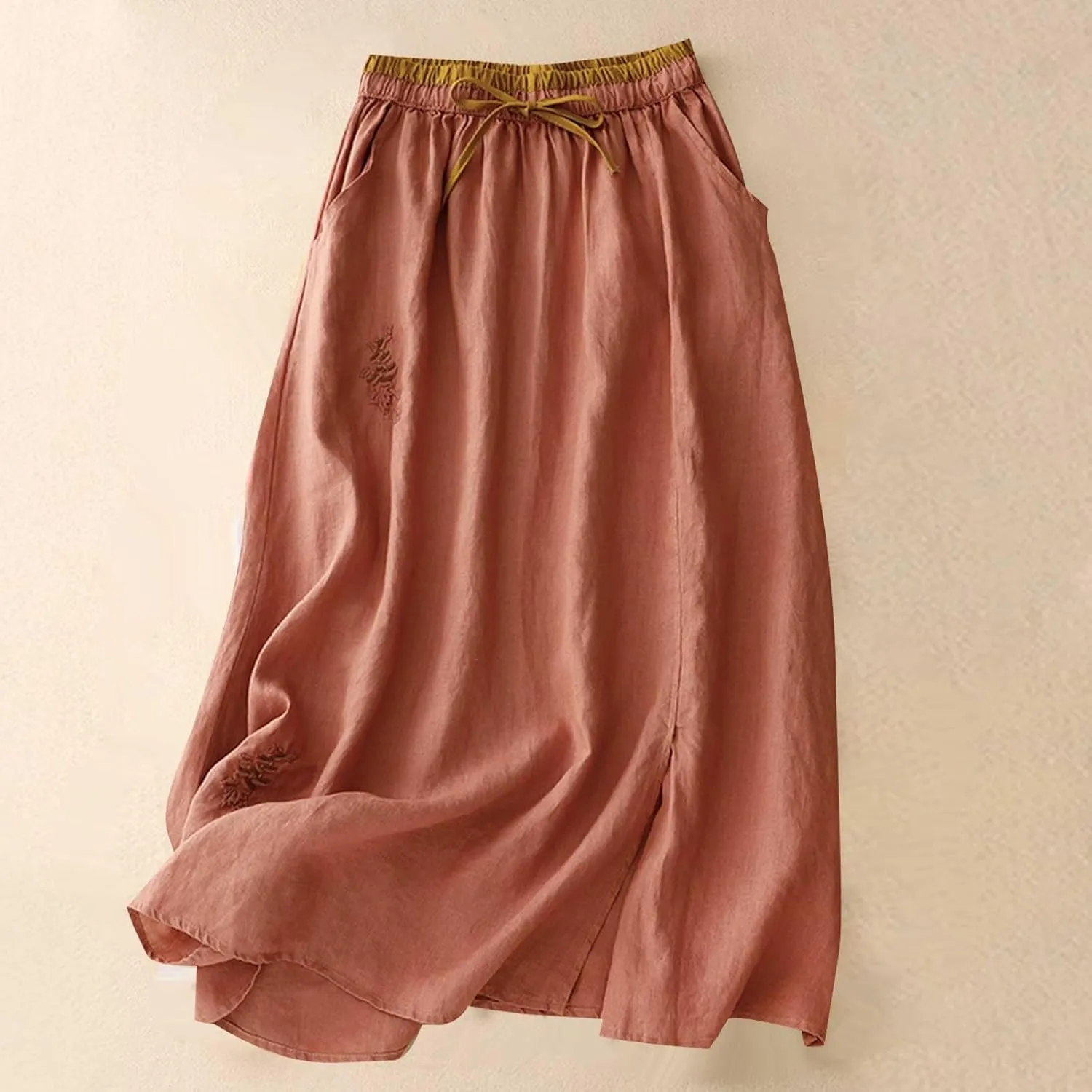 Long Skirts for Women Summer Casual Embroidered Floral Cotton Linen Skirt Dress Loose Fit Elastic Waist Maxi Skirts