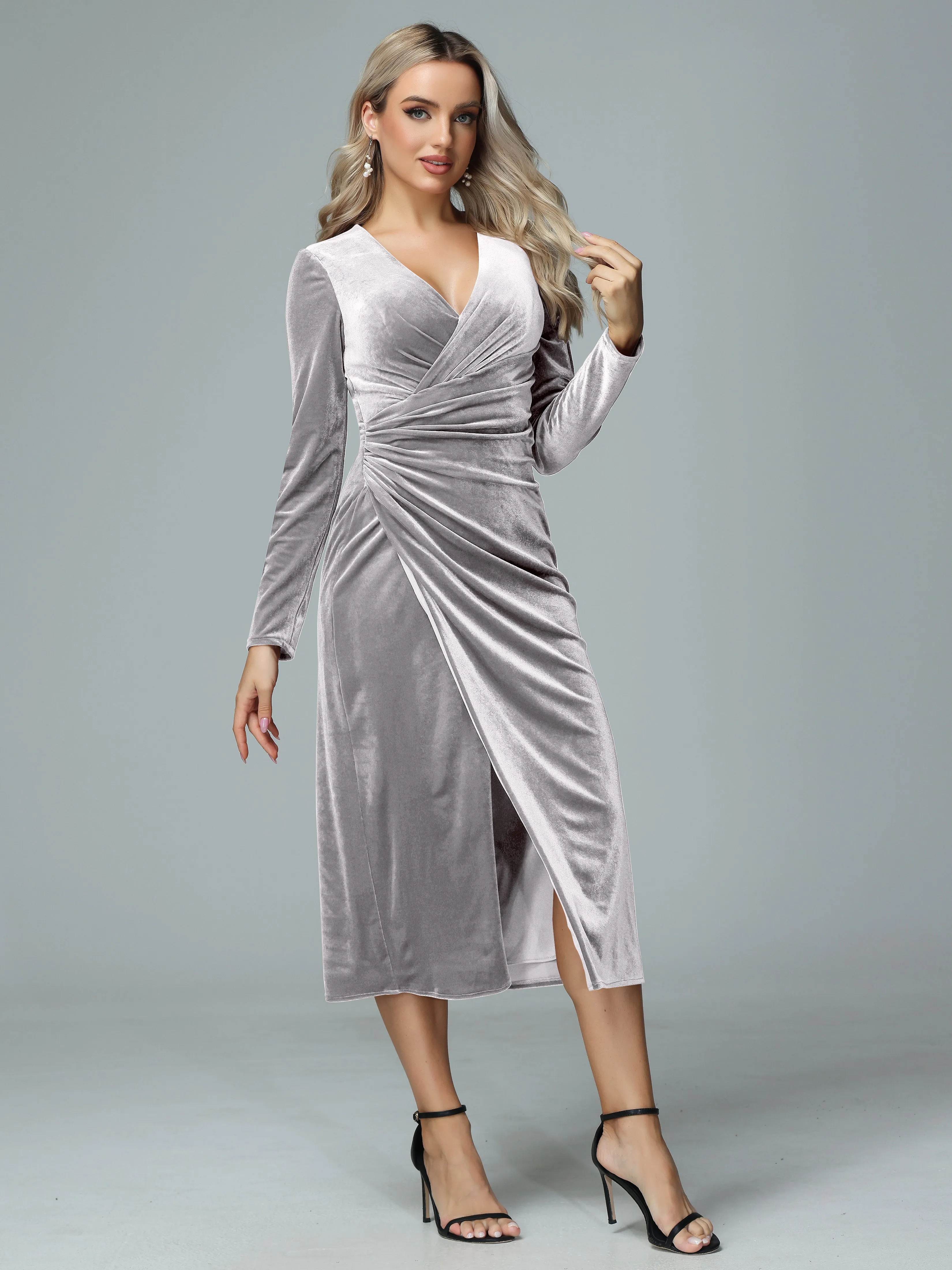 Long Sleeves V-neck Velvet Bridesmaid Dresses
