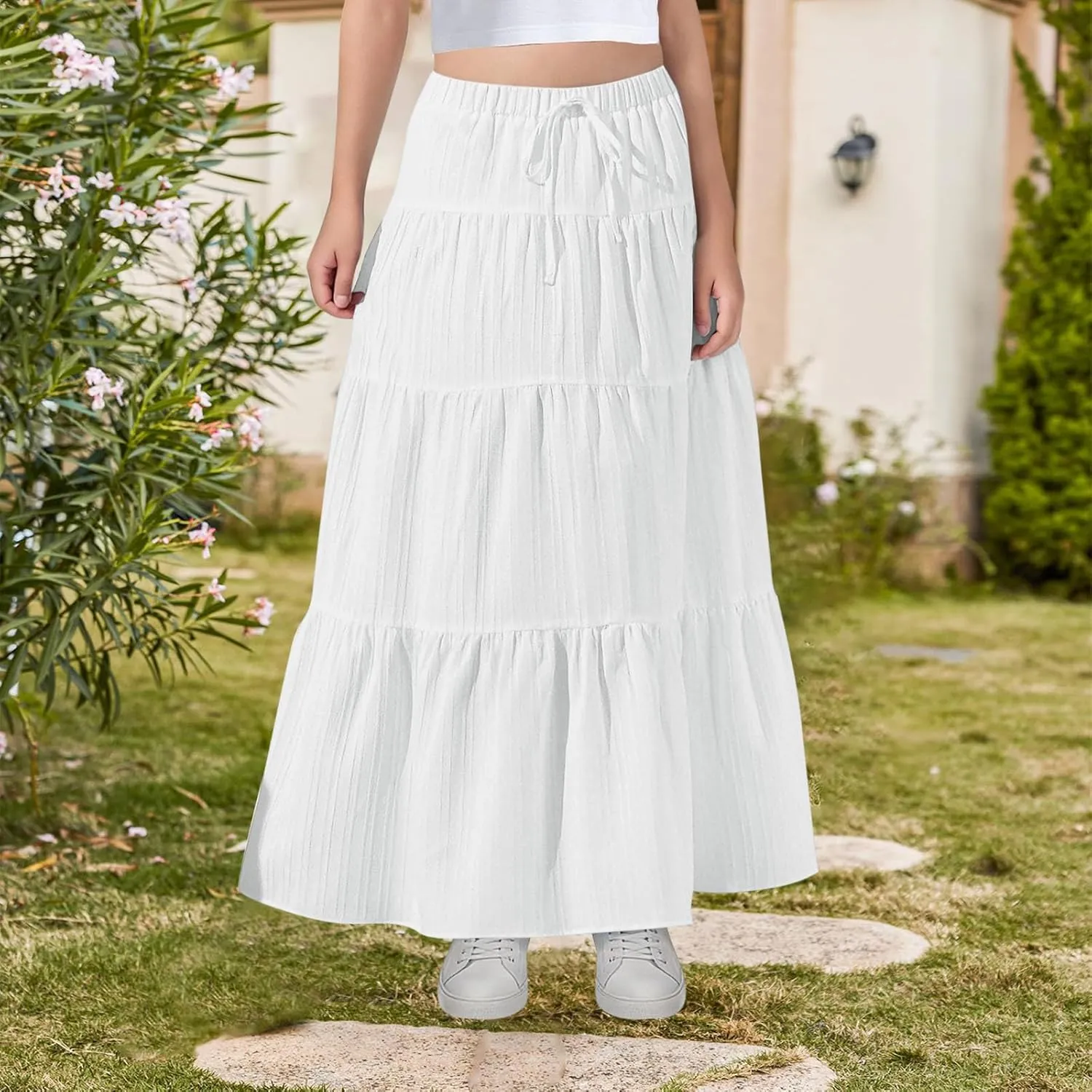 Maxi Skirts for Girls 2025 Summer Fashion Flowy Pleated Long Skirt Casual Boho High Waisted Drawstring A Line Skirts