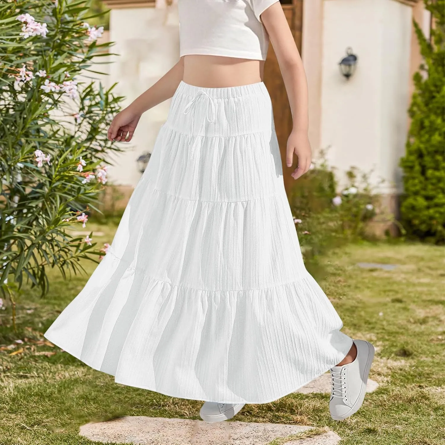 Maxi Skirts for Girls 2025 Summer Fashion Flowy Pleated Long Skirt Casual Boho High Waisted Drawstring A Line Skirts