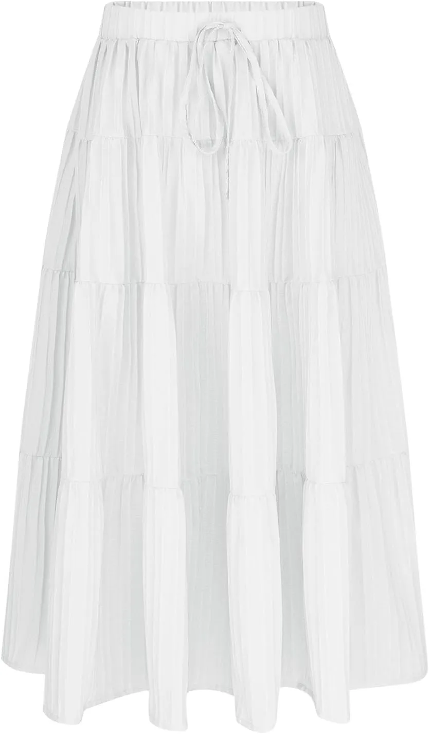 Maxi Skirts for Girls 2025 Summer Fashion Flowy Pleated Long Skirt Casual Boho High Waisted Drawstring A Line Skirts