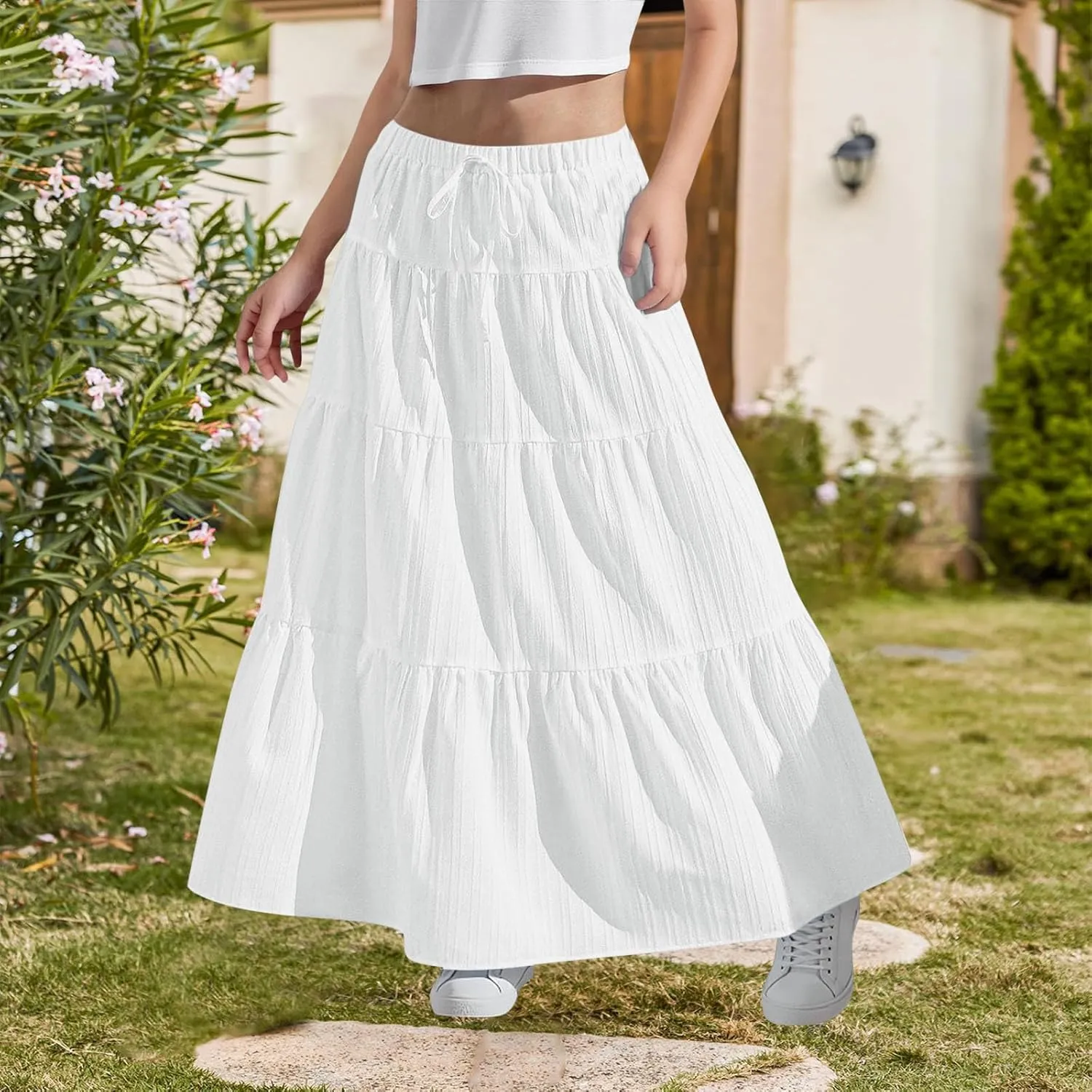 Maxi Skirts for Girls 2025 Summer Fashion Flowy Pleated Long Skirt Casual Boho High Waisted Drawstring A Line Skirts