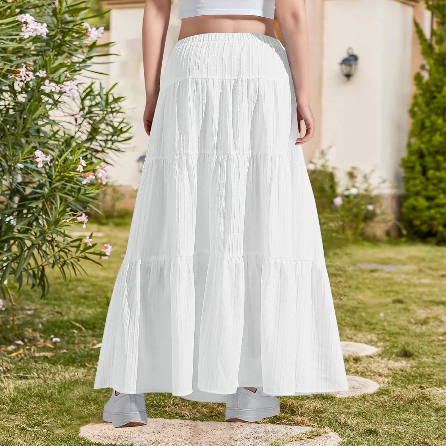 Maxi Skirts for Girls 2025 Summer Fashion Flowy Pleated Long Skirt Casual Boho High Waisted Drawstring A Line Skirts