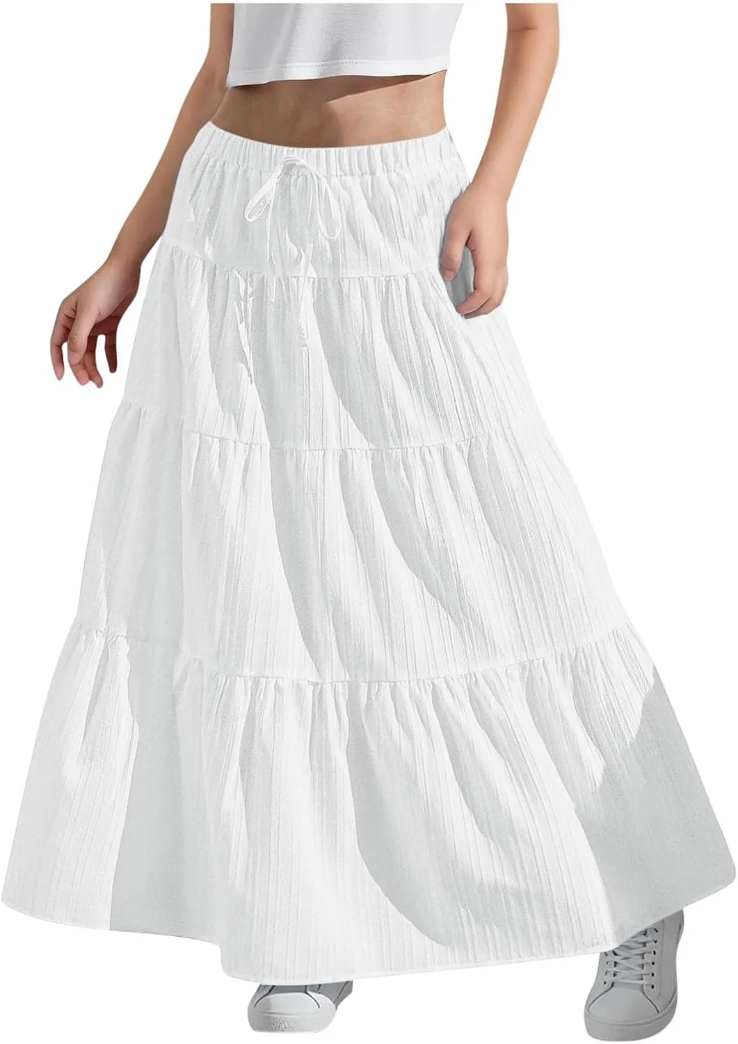 Maxi Skirts for Girls 2025 Summer Fashion Flowy Pleated Long Skirt Casual Boho High Waisted Drawstring A Line Skirts