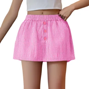 Maxi Skirts for Women Short High Elastic Waist Button Casual Plaid Loose Fit Y2K Mini Skirts Trendy Clothes