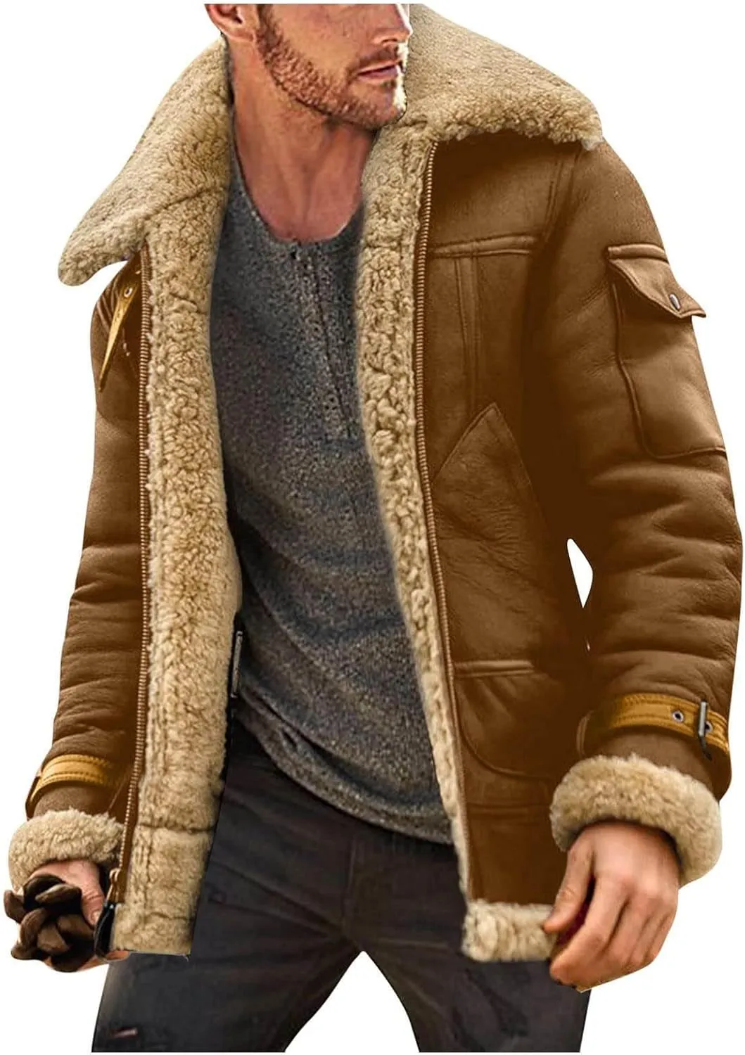 Mens Leather Jacket Sherpa Lined Jacket Faux Fur Leather Coat Zip Up Thicken Trench Coat Casual Winter Outwear