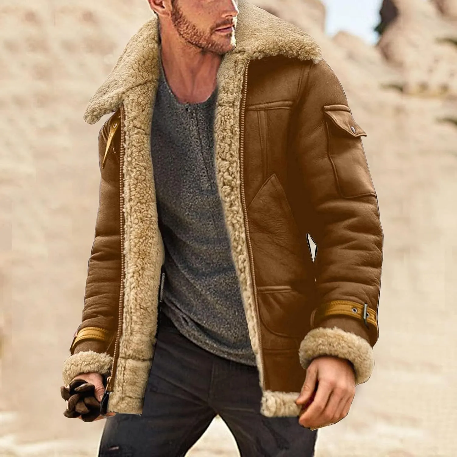 Mens Leather Jacket Sherpa Lined Jacket Faux Fur Leather Coat Zip Up Thicken Trench Coat Casual Winter Outwear