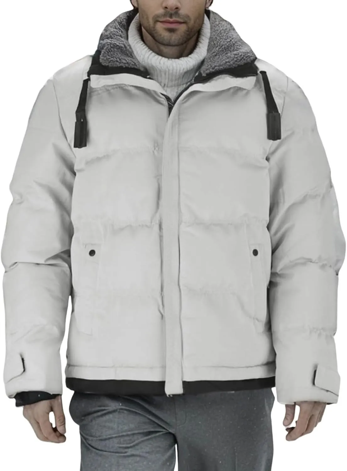 Mens Plus Size Warm Sherpa Lined Parka Jacket, Thickened Full Zip Drawstring Puffer Winter Coat with Pockets