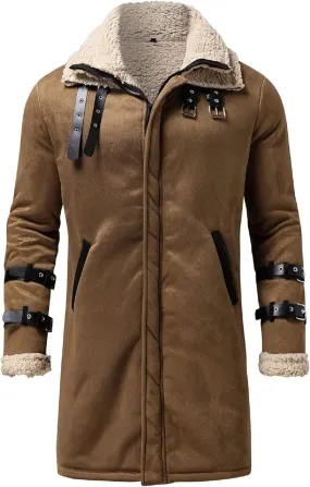 Mens Sherpa-Lined Faux Fur Coat Fleece Shearling Coat Trucker Hunting Heavyweight Suede Leather Jackets with Pockets