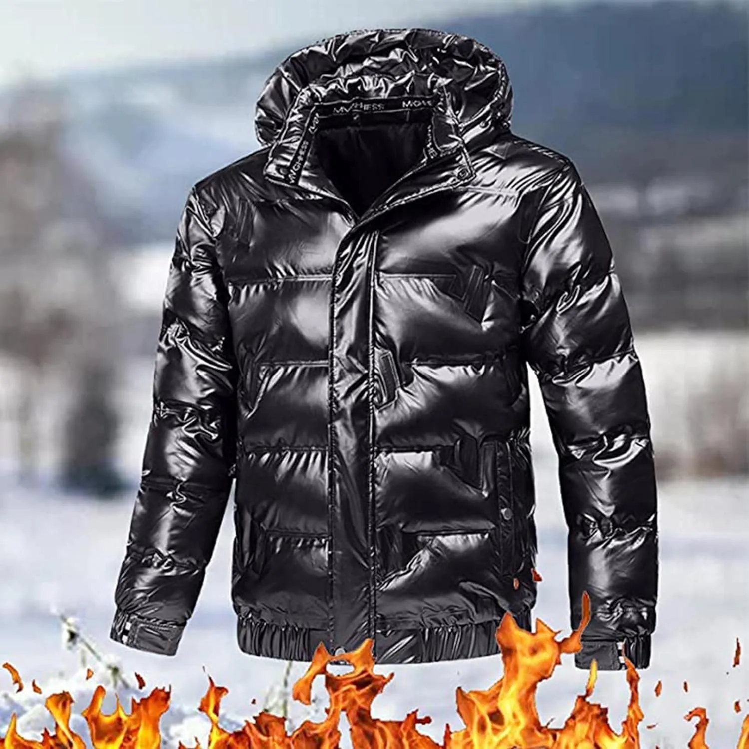 Mens Shiny Puffer Jacket Hooded Down Quilted Insulated Jacket Zip up Padded Coat Glossy Winter Coat Warm Outwear