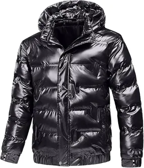 Mens Shiny Puffer Jacket Hooded Down Quilted Insulated Jacket Zip up Padded Coat Glossy Winter Coat Warm Outwear