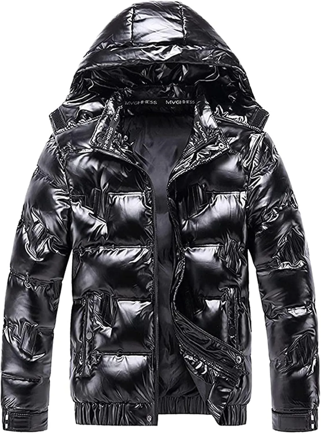 Mens Shiny Puffer Jacket Hooded Down Quilted Insulated Jacket Zip up Padded Coat Glossy Winter Coat Warm Outwear