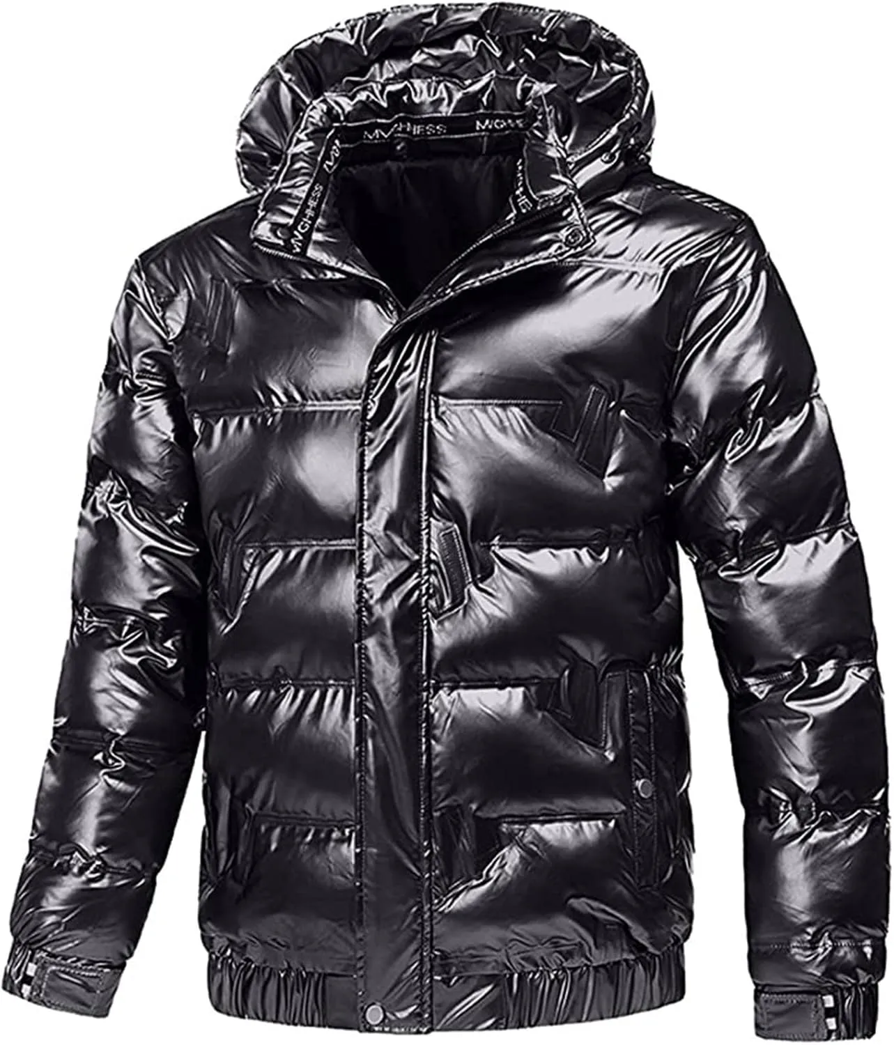 Mens Shiny Puffer Jacket Hooded Down Quilted Insulated Jacket Zip up Padded Coat Glossy Winter Coat Warm Outwear