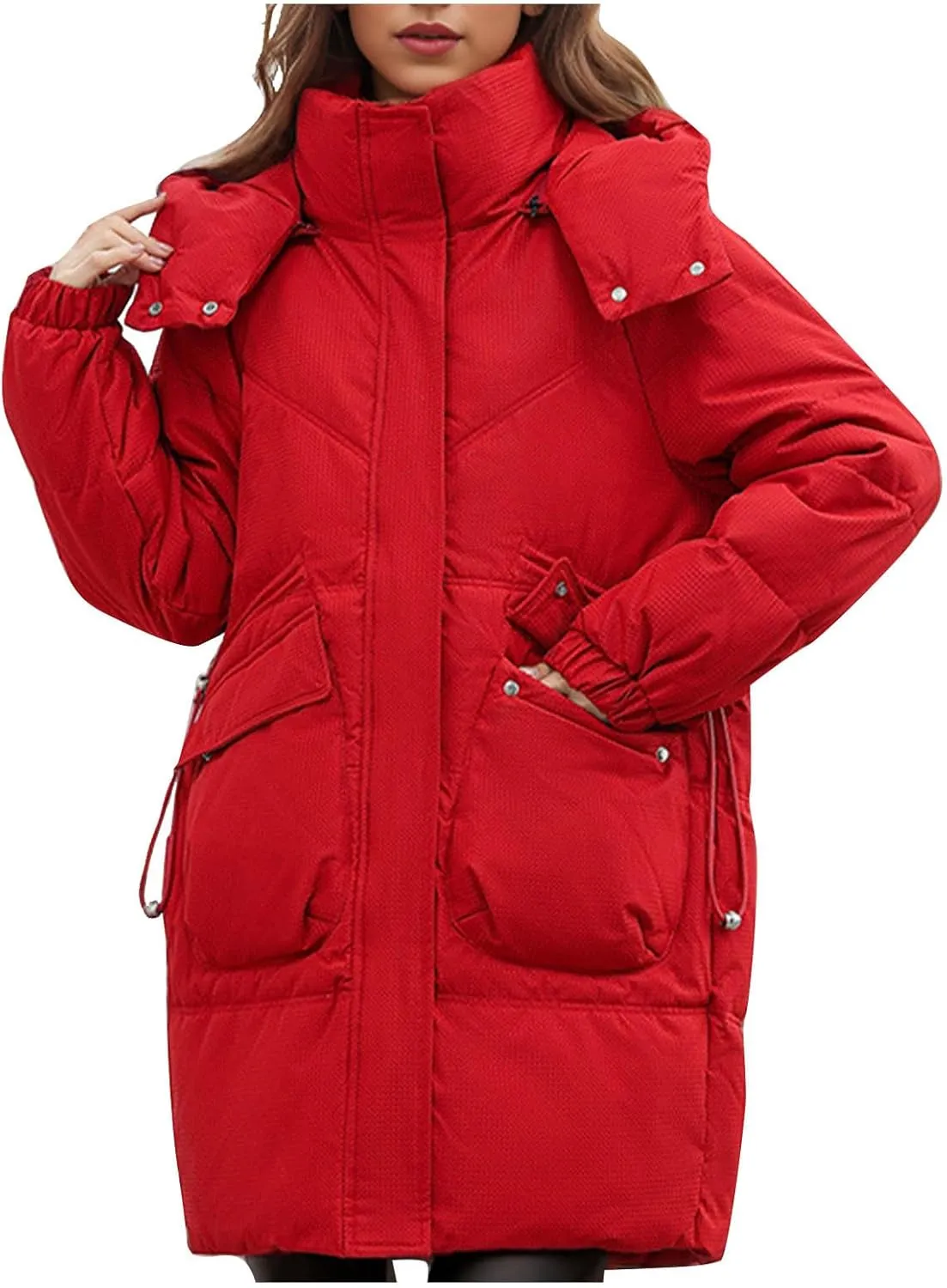 NATHGAM Women's Thickened Mid-Length Down Jacket Winter Down Coat Hooded Stand Collar Puffer Jacket Ladies Outdoor Warm Down Red