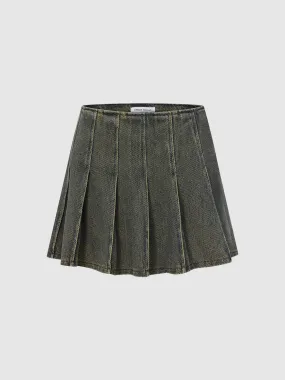 Pleated Denim Mini Skirts