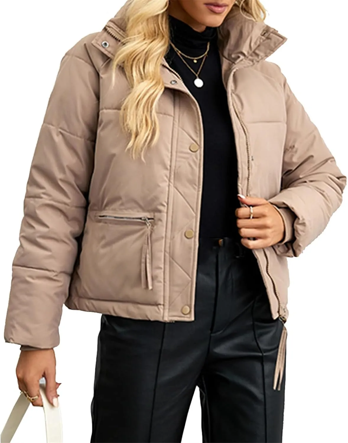 Puffer Jackets for Women Cropped Winter Down Coats Casual Winter Warm Outerwear with Side Zipper Pockets