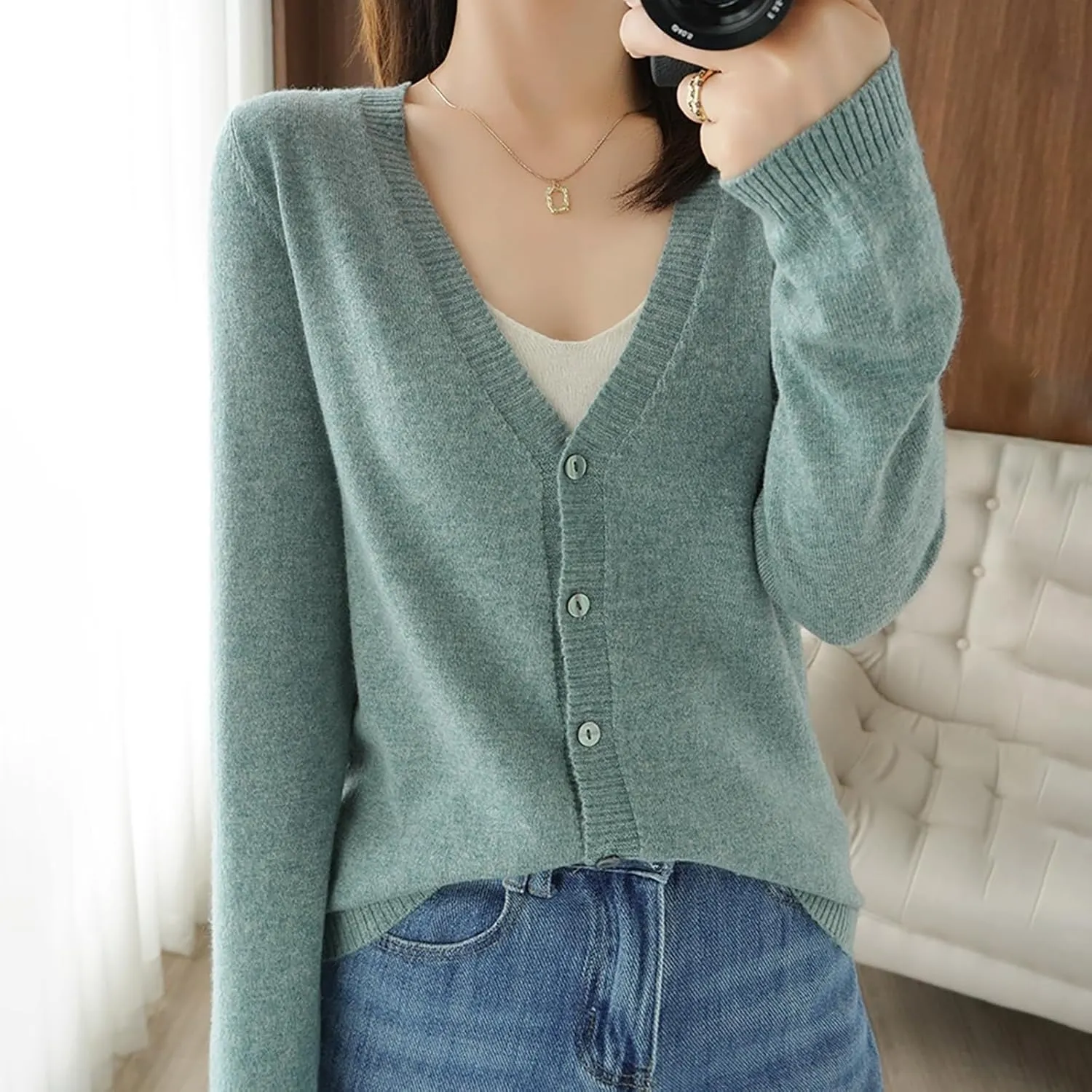 SHAOBGE Chunky Knitted Sweater Women's Spring and Autumn Leisure Loose Solid Long Sleeve V Chunky Oversized Sweaters for