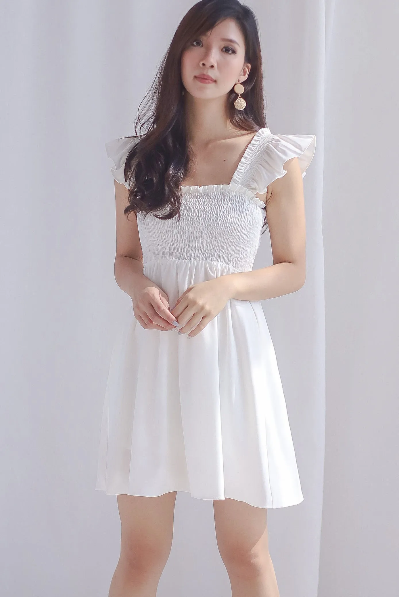 Shayna Smocked Ruffle Strap Romper Dress In White