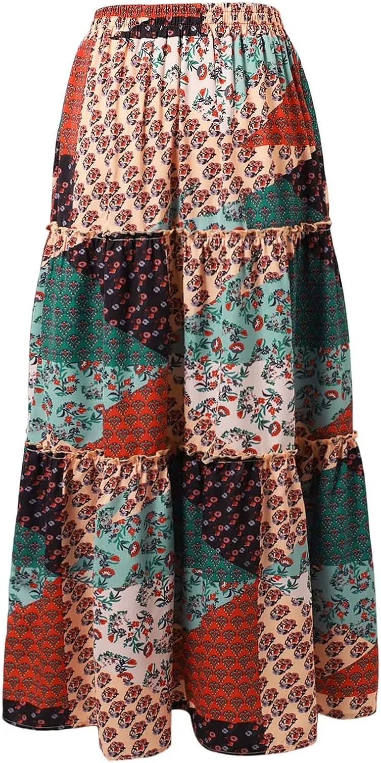Skirts for Women Trendy Bohemian Summer High Elastic Waist Beach Floral Print A-Line Boha Skirts Vocation Streetwear