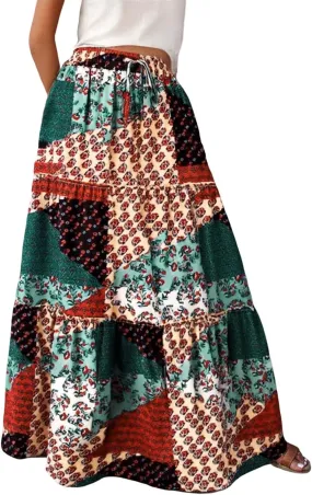 Skirts for Women Trendy Bohemian Summer High Elastic Waist Beach Floral Print A-Line Boha Skirts Vocation Streetwear