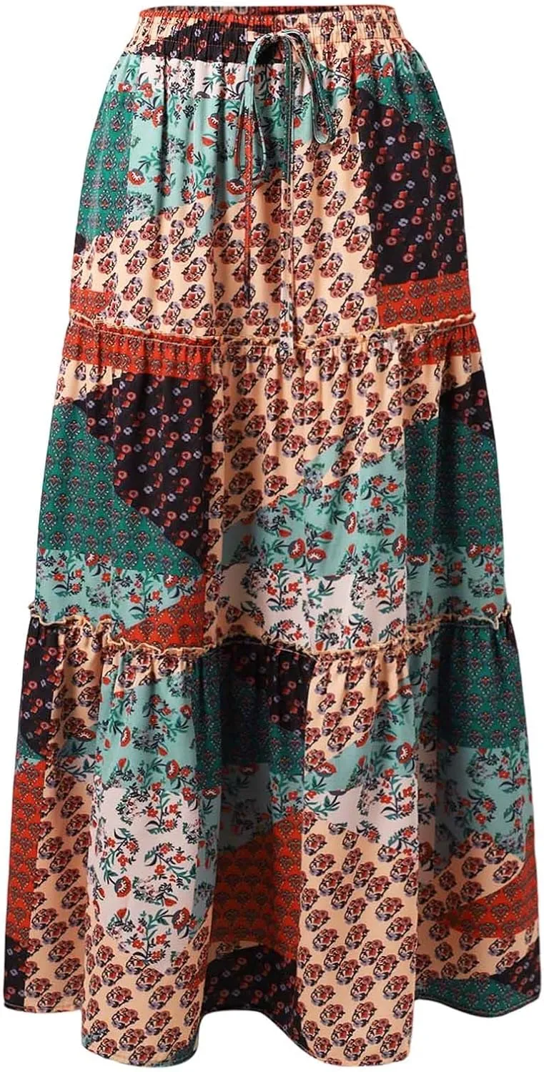 Skirts for Women Trendy Bohemian Summer High Elastic Waist Beach Floral Print A-Line Boha Skirts Vocation Streetwear