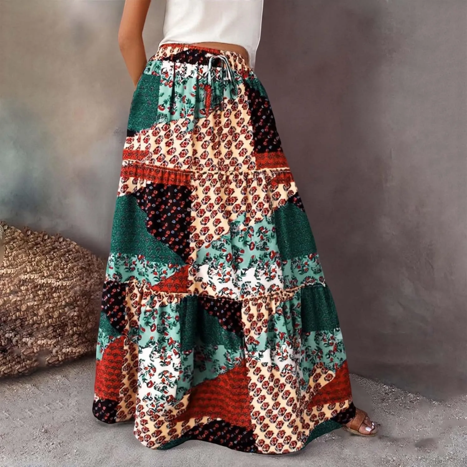 Skirts for Women Trendy Bohemian Summer High Elastic Waist Beach Floral Print A-Line Boha Skirts Vocation Streetwear