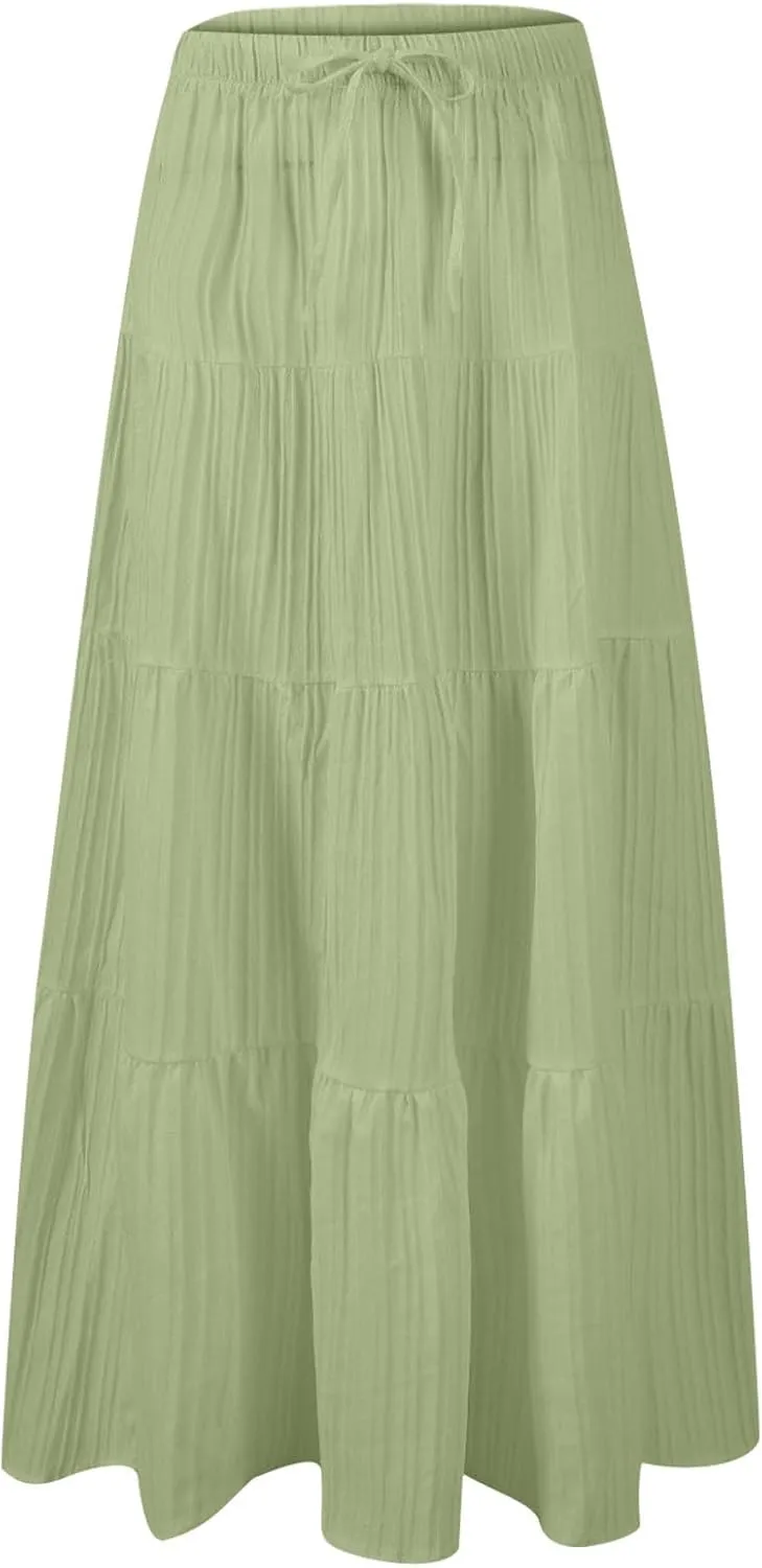 Summer Skirt for Women Solid Color Fashion Drawstring High Waist Ruffle Tiered Skirts Casual Loose Flowy Boho Skirt