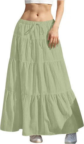 Summer Skirt for Women Solid Color Fashion Drawstring High Waist Ruffle Tiered Skirts Casual Loose Flowy Boho Skirt
