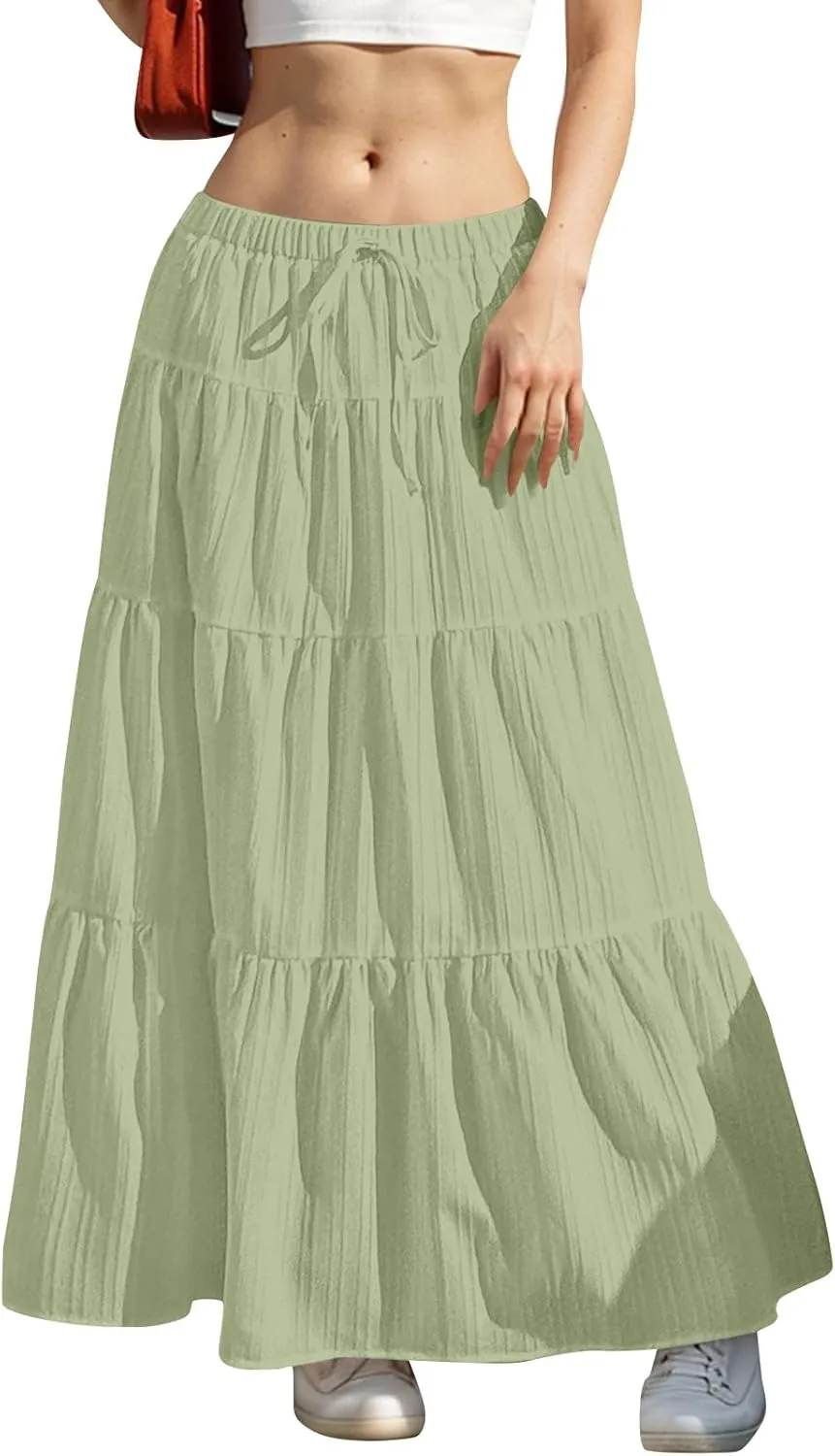 Summer Skirt for Women Solid Color Fashion Drawstring High Waist Ruffle Tiered Skirts Casual Loose Flowy Boho Skirt