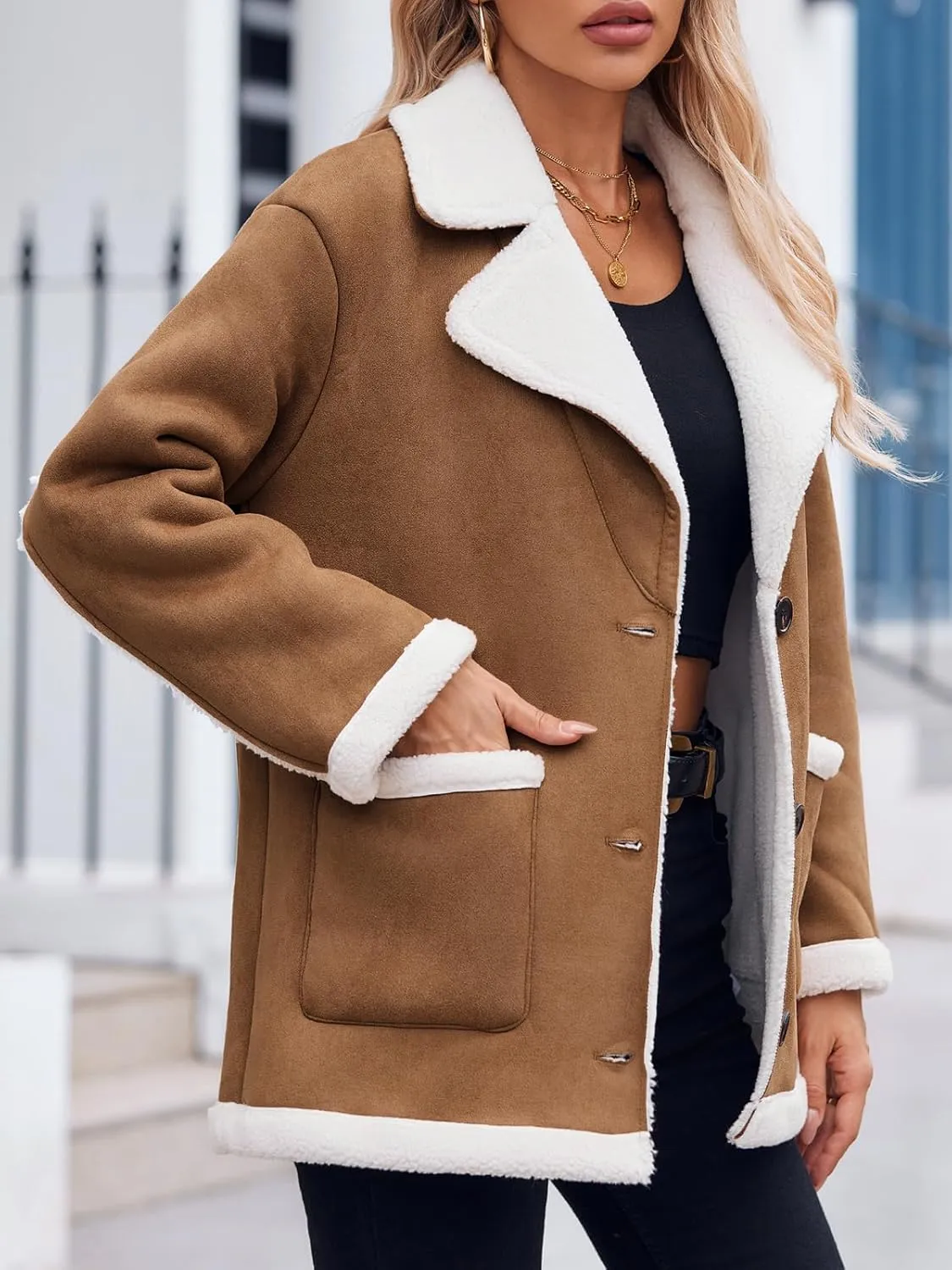 Tankaneo Womens Faux Sherpa-Lined Jackets Fuzzy Fleece Lapel Long Sleeve Coat Suede Winter Warm Outerwear