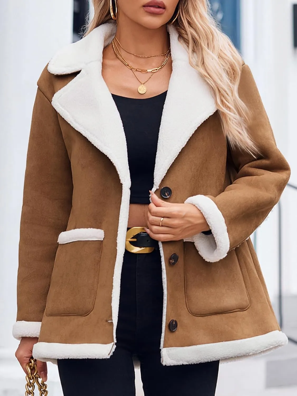 Tankaneo Womens Faux Sherpa-Lined Jackets Fuzzy Fleece Lapel Long Sleeve Coat Suede Winter Warm Outerwear