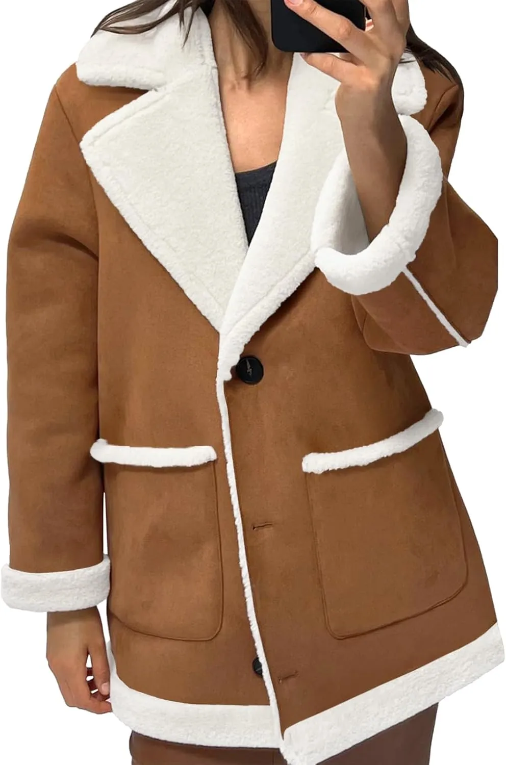 Tankaneo Womens Faux Sherpa-Lined Jackets Fuzzy Fleece Lapel Long Sleeve Coat Suede Winter Warm Outerwear