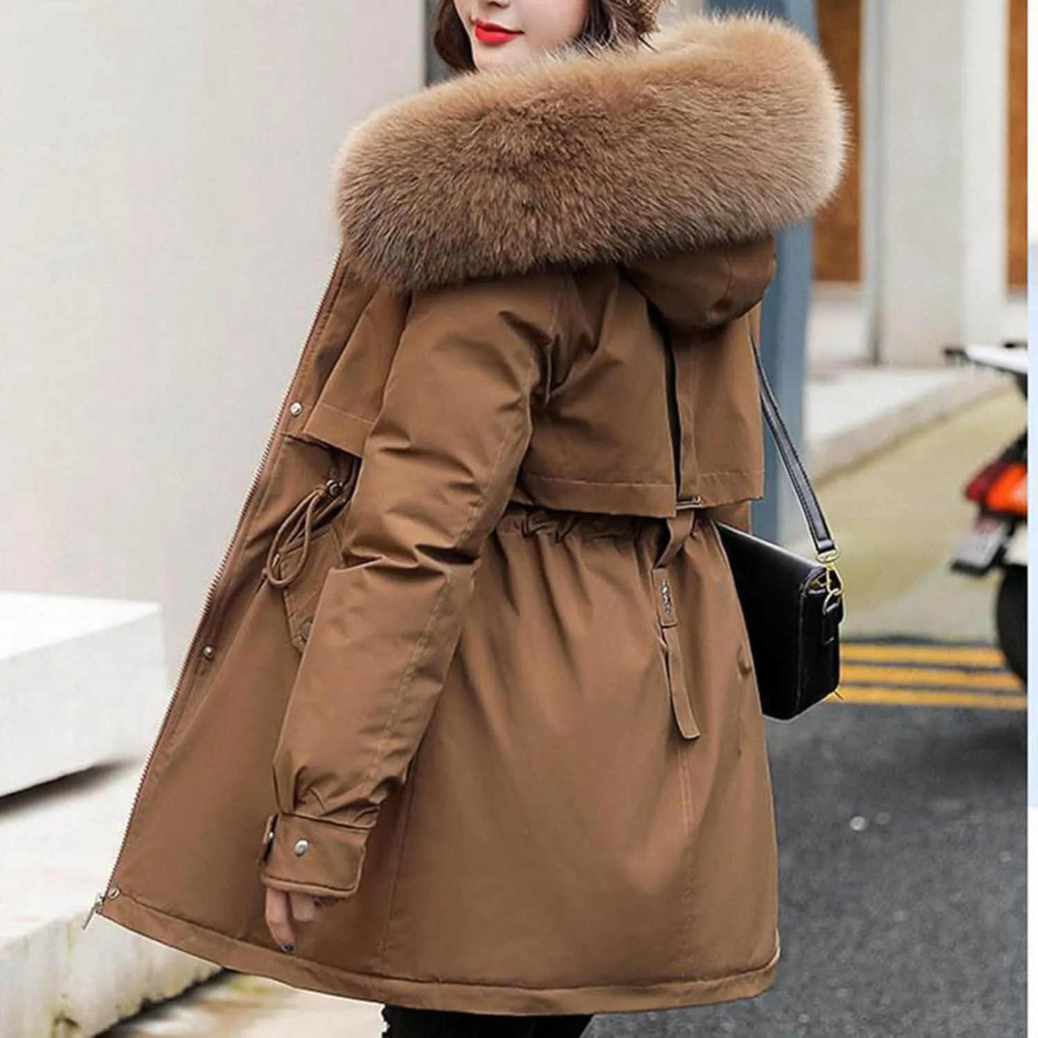 Teen Girls Winter Coats Womens Faux Fur Hoodie Mid-Length Puffer Jackets Plush Thicken Dressy Zip Down Coat with Hood