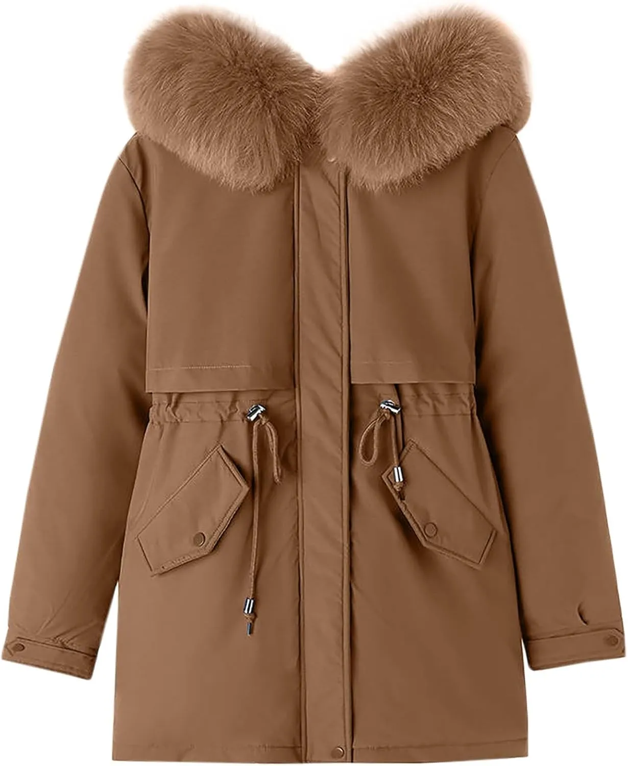 Teen Girls Winter Coats Womens Faux Fur Hoodie Mid-Length Puffer Jackets Plush Thicken Dressy Zip Down Coat with Hood