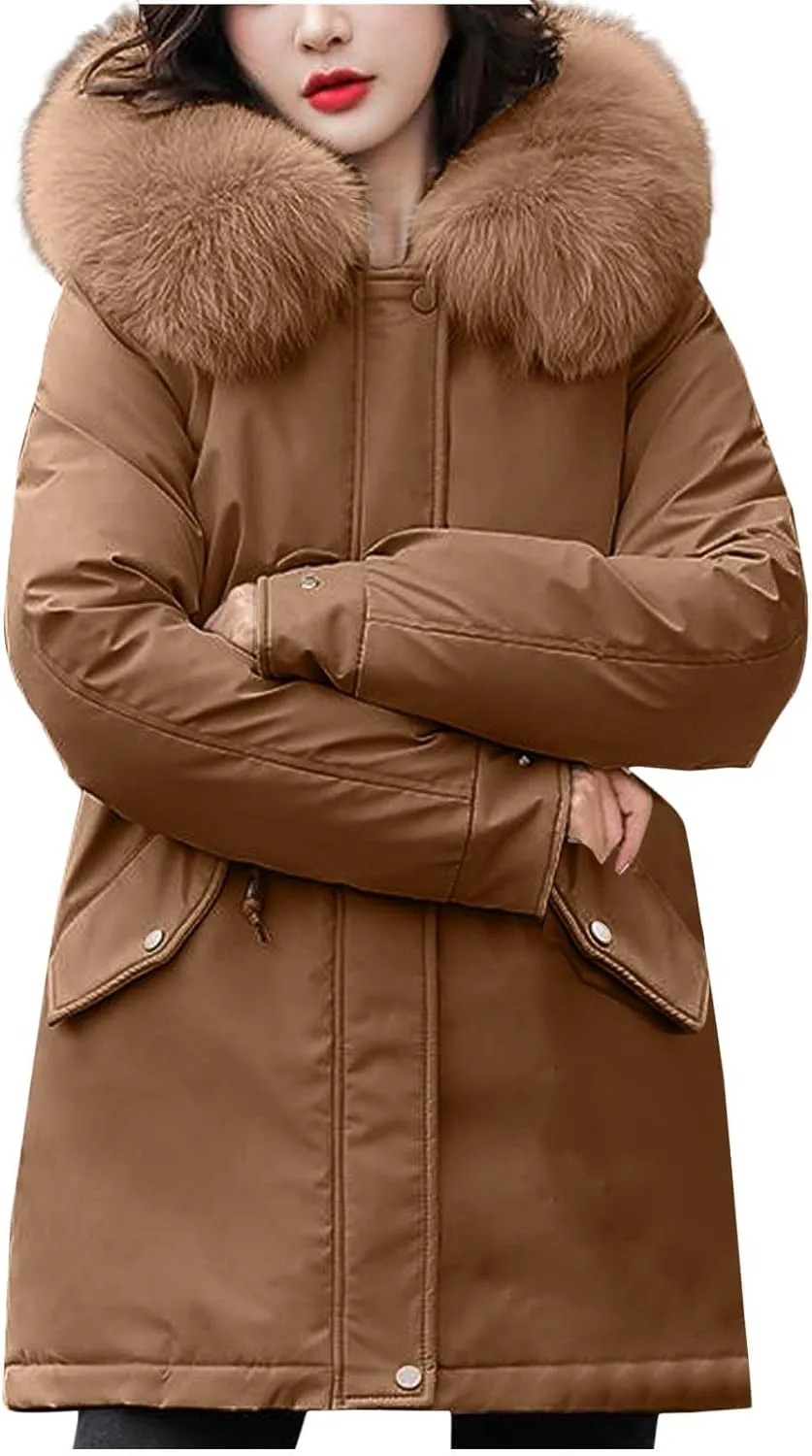 Teen Girls Winter Coats Womens Faux Fur Hoodie Mid-Length Puffer Jackets Plush Thicken Dressy Zip Down Coat with Hood