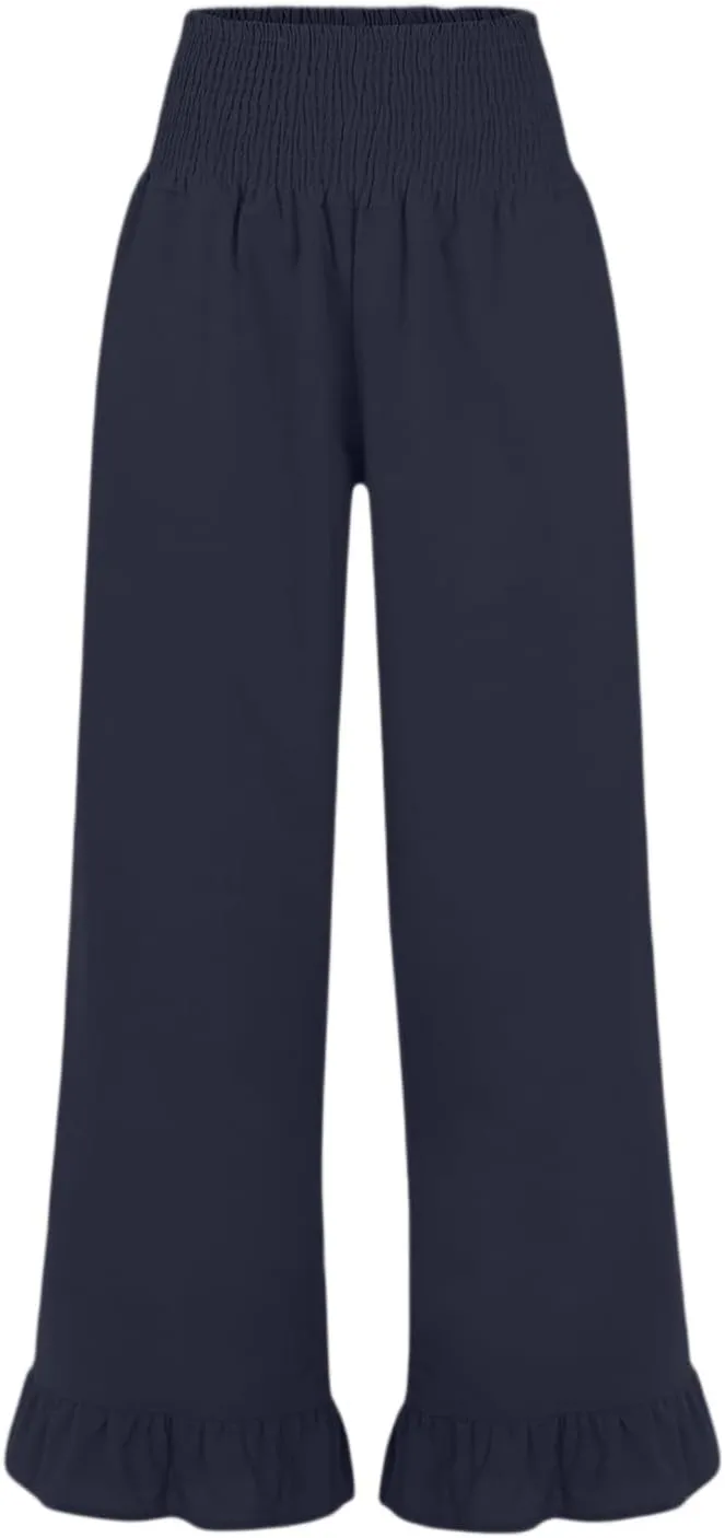Wide Leg Linen Pants for Women High Waisted Ruffle Hem Palazzo Pants Boho Summer Casual Loose Flowy Pant Trousers