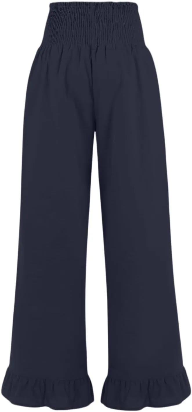 Wide Leg Linen Pants for Women High Waisted Ruffle Hem Palazzo Pants Boho Summer Casual Loose Flowy Pant Trousers