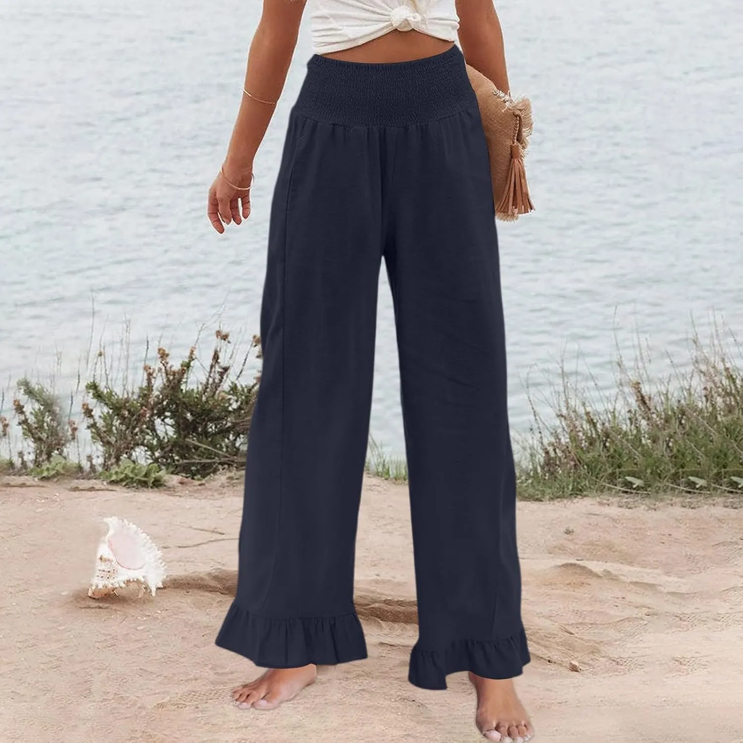 Wide Leg Linen Pants for Women High Waisted Ruffle Hem Palazzo Pants Boho Summer Casual Loose Flowy Pant Trousers