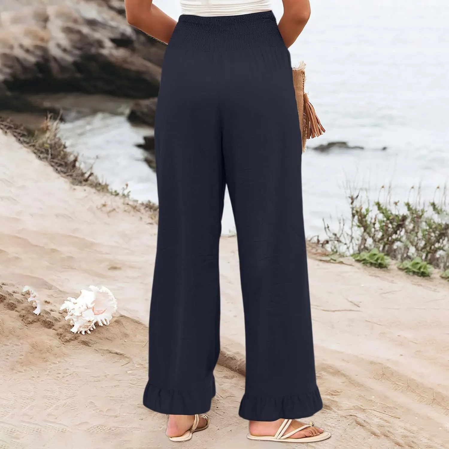 Wide Leg Linen Pants for Women High Waisted Ruffle Hem Palazzo Pants Boho Summer Casual Loose Flowy Pant Trousers