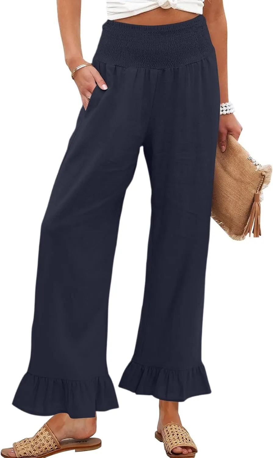 Wide Leg Linen Pants for Women High Waisted Ruffle Hem Palazzo Pants Boho Summer Casual Loose Flowy Pant Trousers