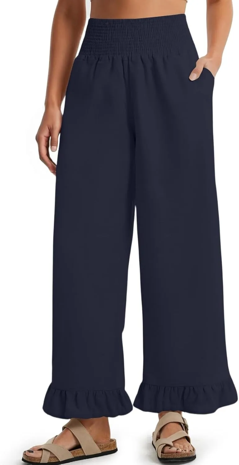 Wide Leg Linen Pants for Women High Waisted Ruffle Hem Palazzo Pants Boho Summer Casual Loose Flowy Pant Trousers