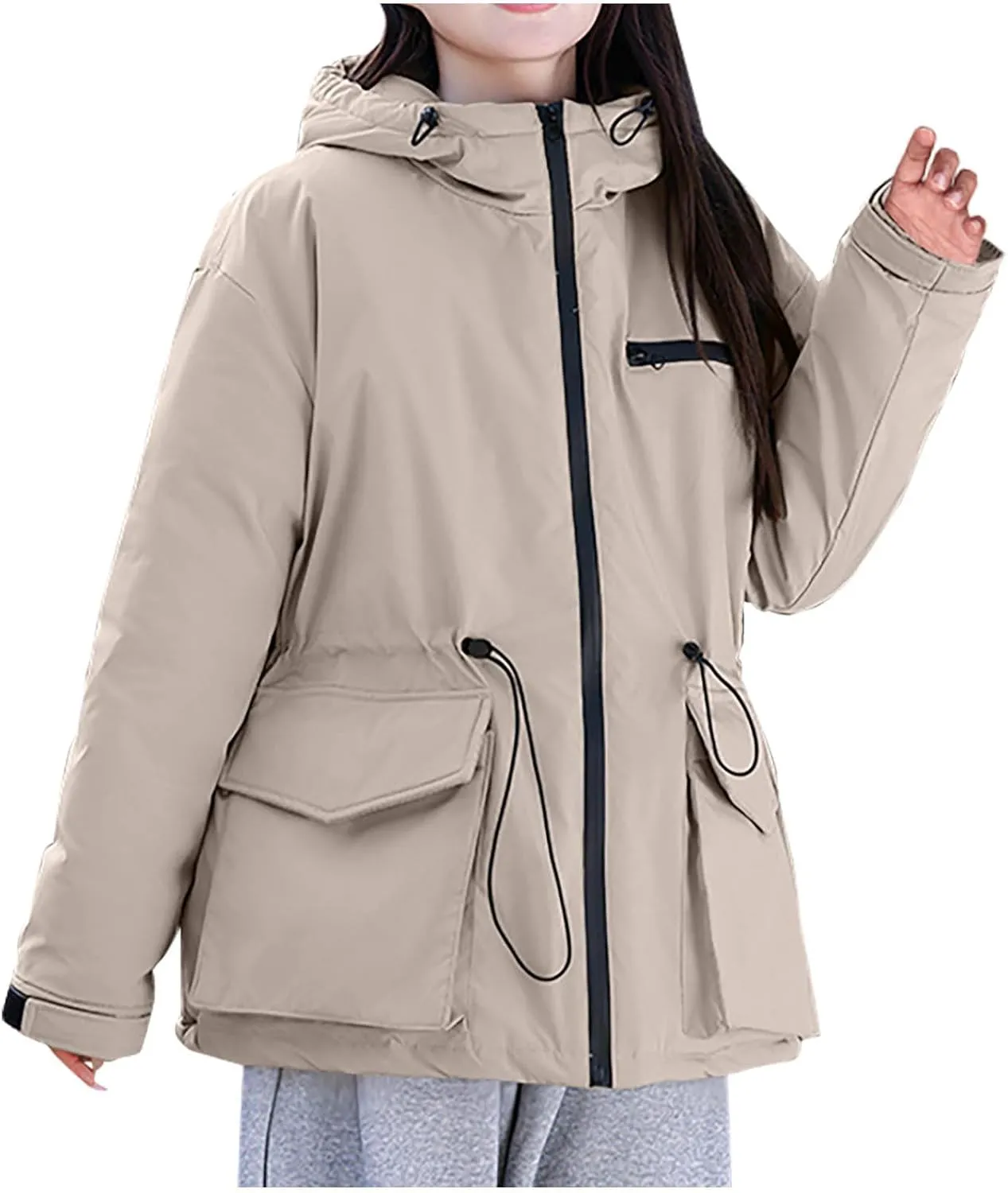 Windproof Down Jacket Women Solid Color Waterproof Tunic Drawstring Overcoats Winter Warm Outfits with Multi Pockets