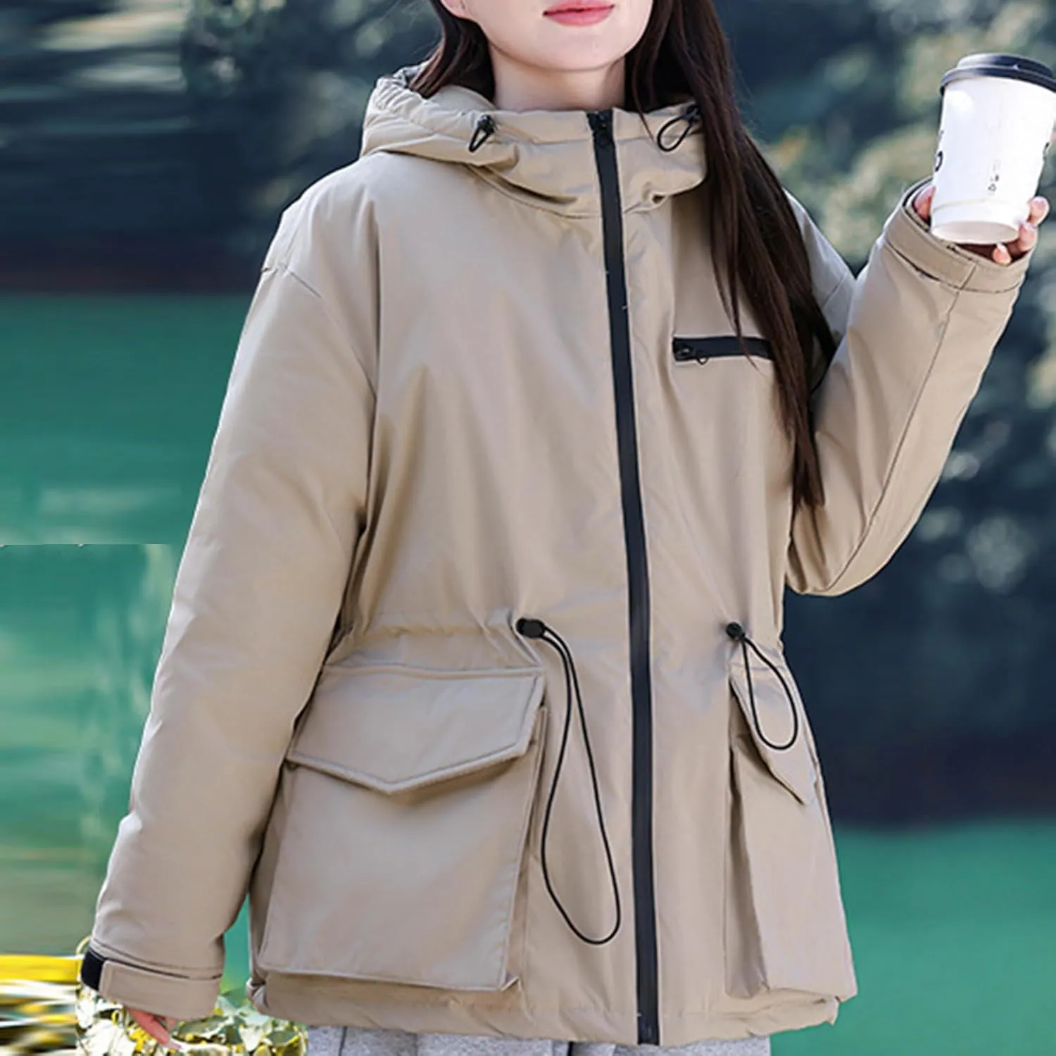 Windproof Down Jacket Women Solid Color Waterproof Tunic Drawstring Overcoats Winter Warm Outfits with Multi Pockets