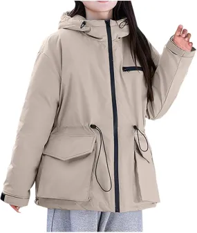 Windproof Down Jacket Women Solid Color Waterproof Tunic Drawstring Overcoats Winter Warm Outfits with Multi Pockets