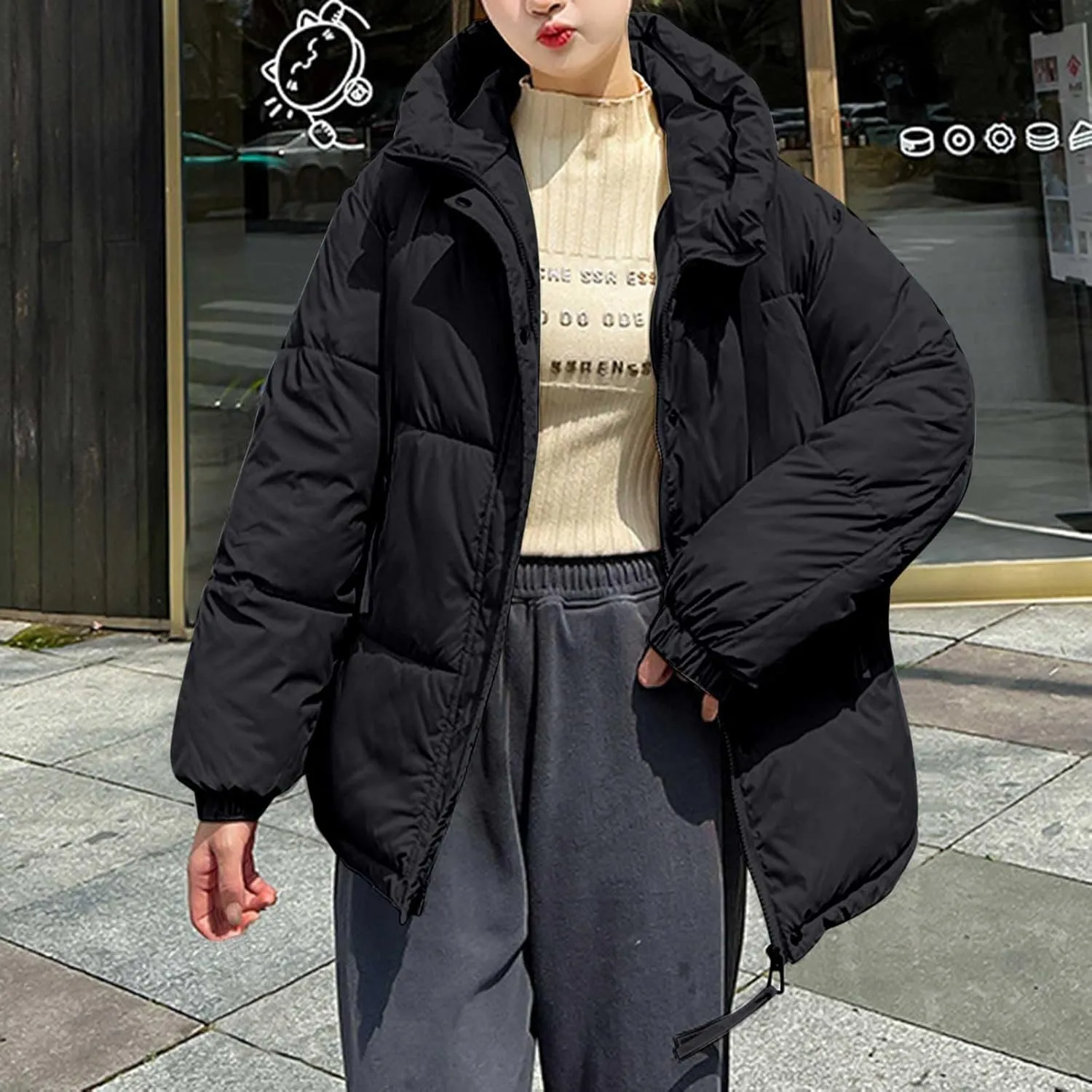 Women Oversized Puffer Jackets Warm Winter Down Coat with Hood Pockets Casual Long Sleeve Zipped Quilted Coat Outwear