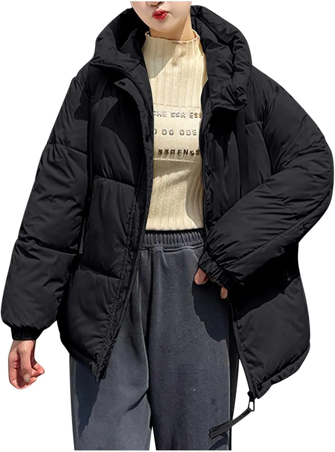 Women Oversized Puffer Jackets Warm Winter Down Coat with Hood Pockets Casual Long Sleeve Zipped Quilted Coat Outwear