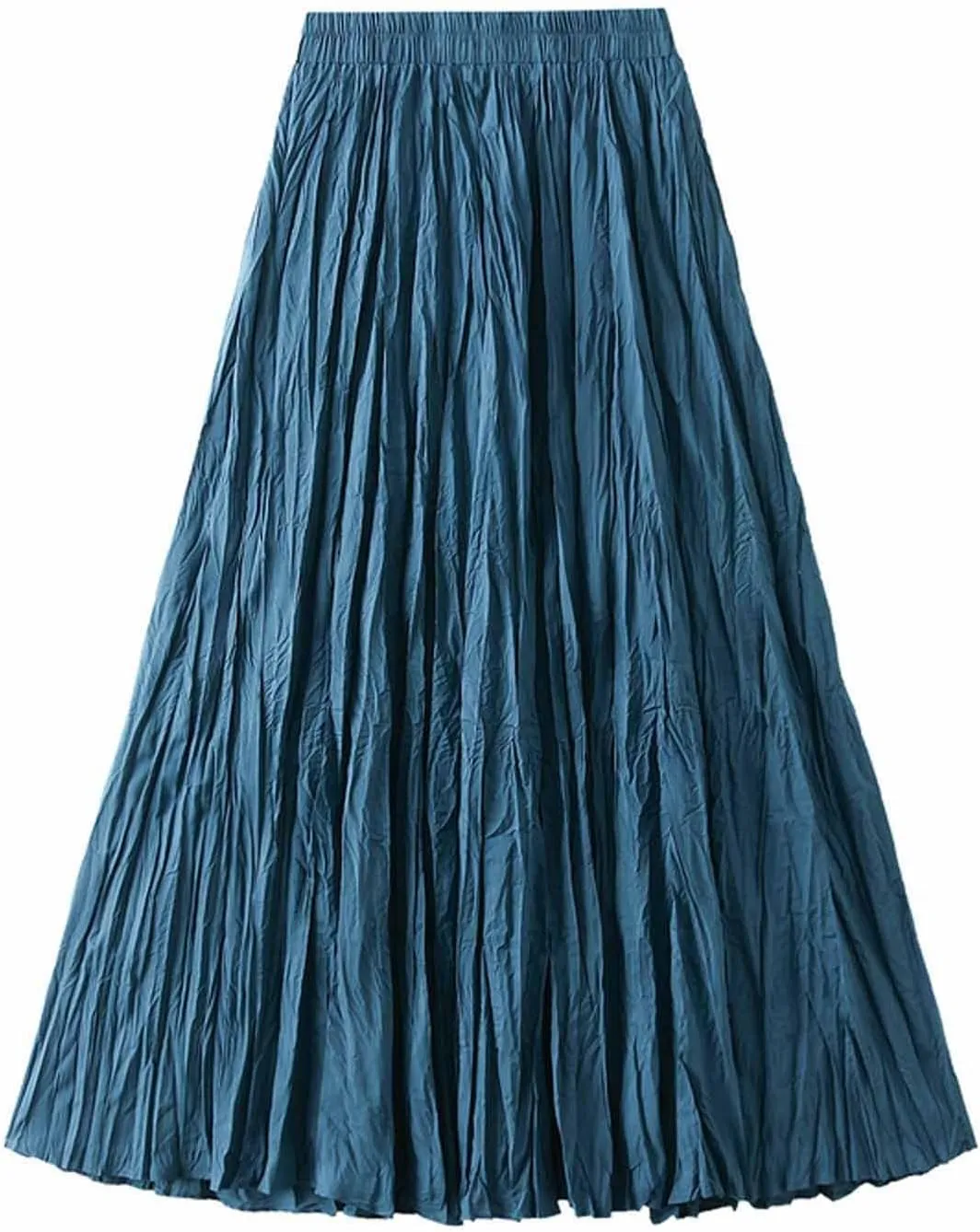 Women's Casual Trendy Classic Midi Wrinkled Skirt A-Line Elastic Waist Swing Pleated Fall Winter Solid Color Skirts