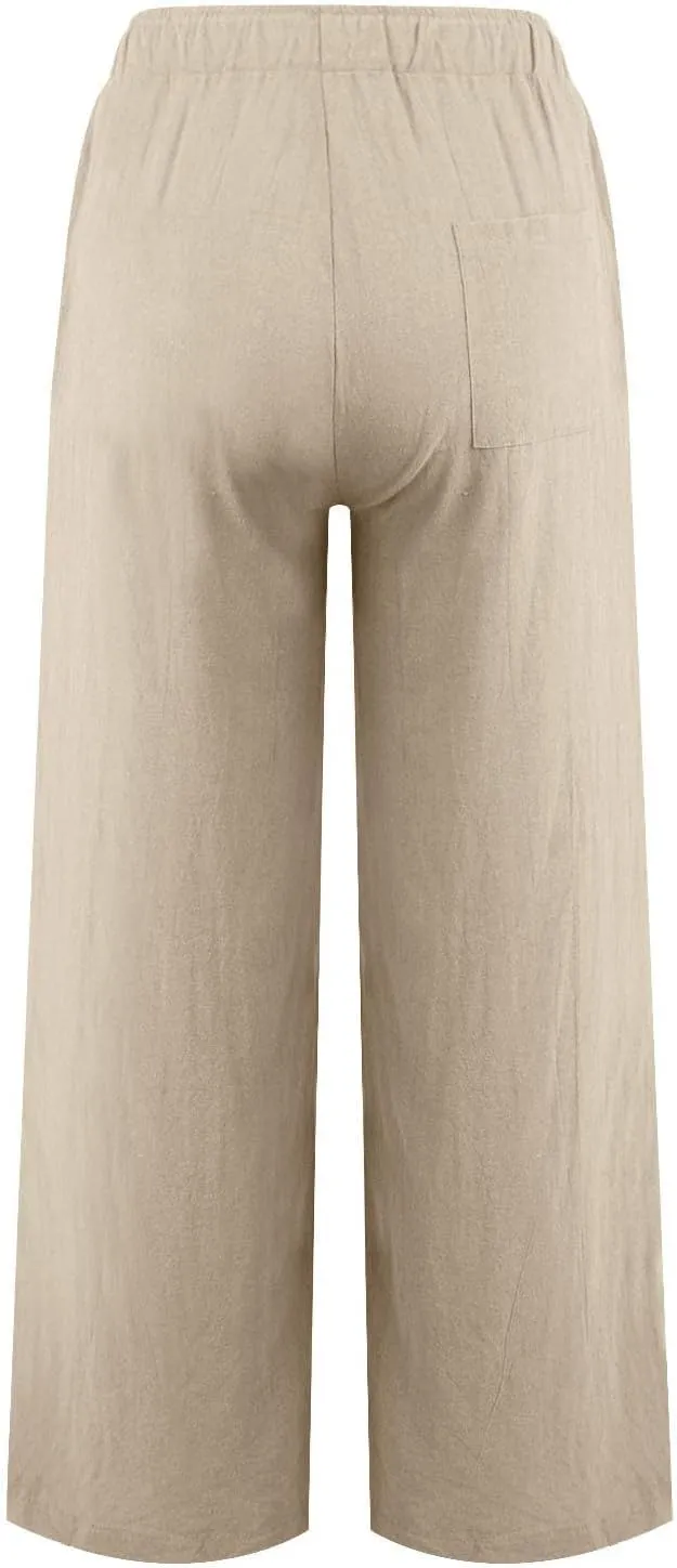 Women's Cotton Linen Pants,Spring Summer Wide Leg Casual Loose Drawstring High Waist Palazzo Pants with Pockets